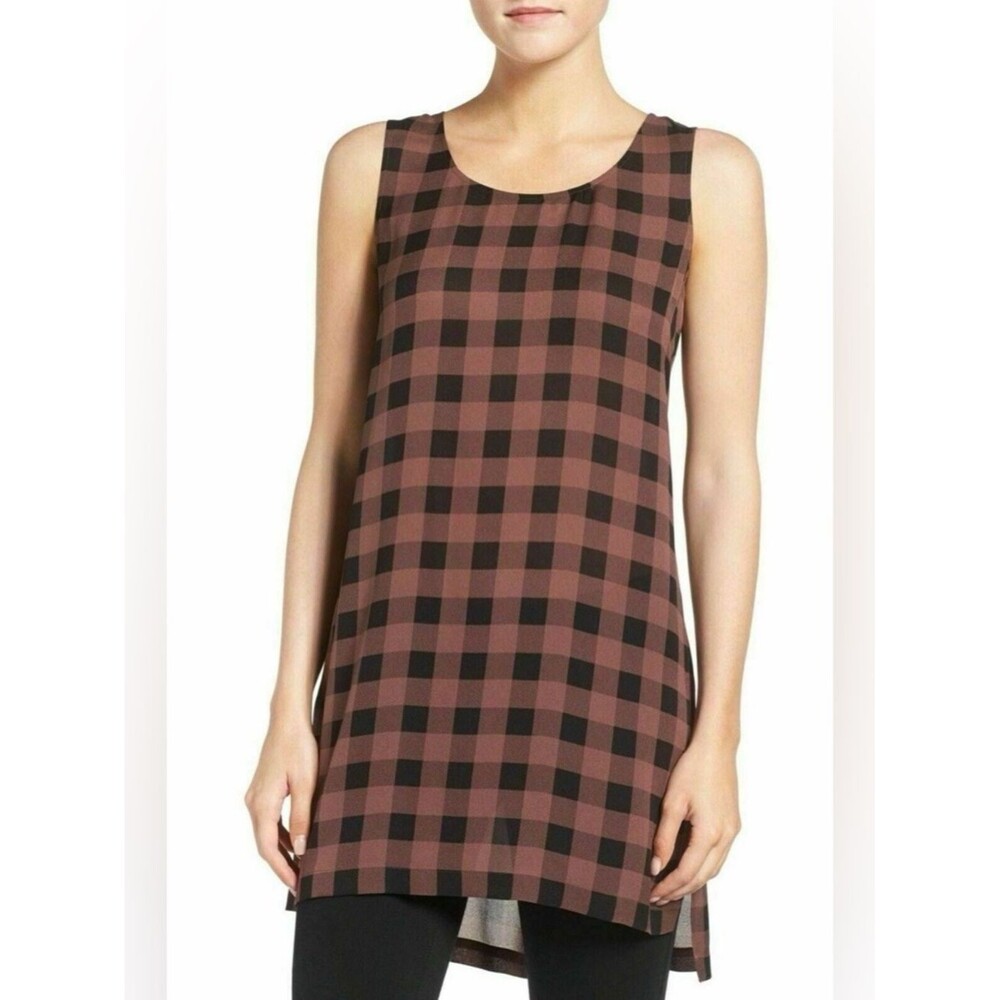 NEW Eileen Fisher Black & Dusty Rose Buffalo Check Silk Tunic/ Mini Dress S/P